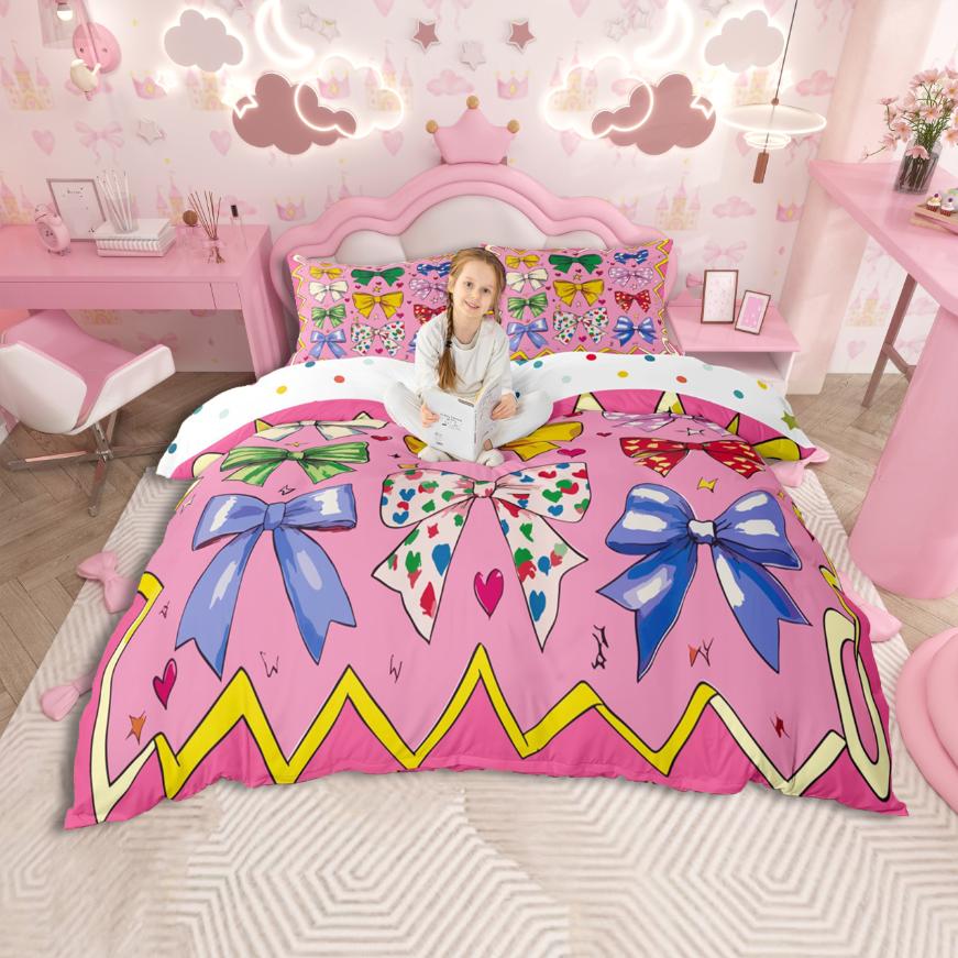 Homewish Ribbon Bow Knot Duvet Cover Set,Princess Bowtie Bedding Set,Rainbow Cartoon Bow Bed Set For Girl