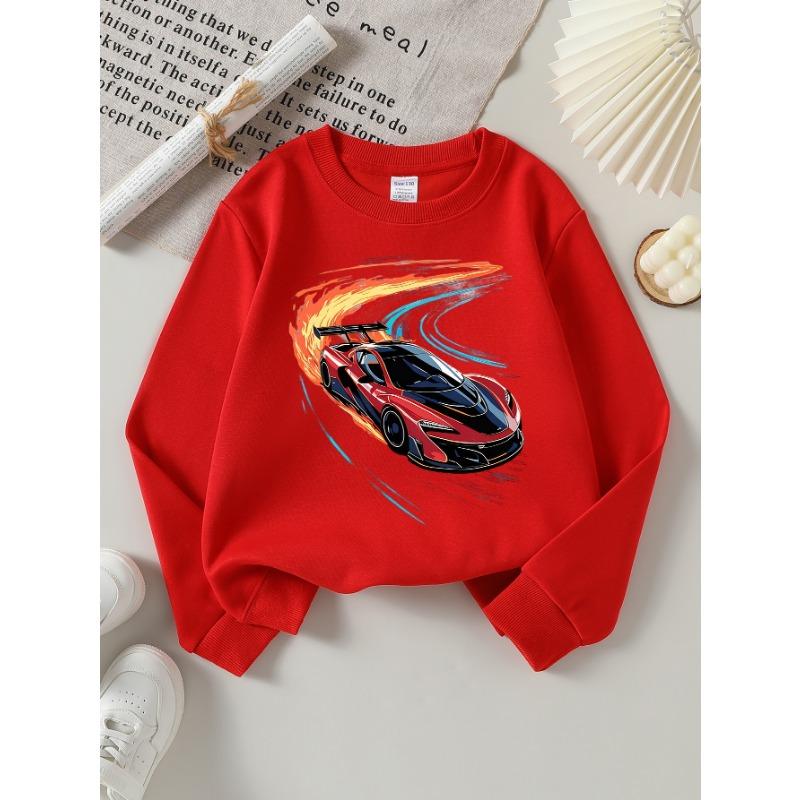European sizes Red Sports Car Flame Design Girls' Crew Neck Sweatshirt, Autumn Winter, Western Style, Long-Sleeved, Casual Colors for Young Girls.