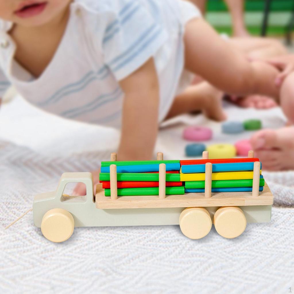 Wooden Building Blocks Vehicle Toy Preschool Shape Sorter Stacking Game Kids