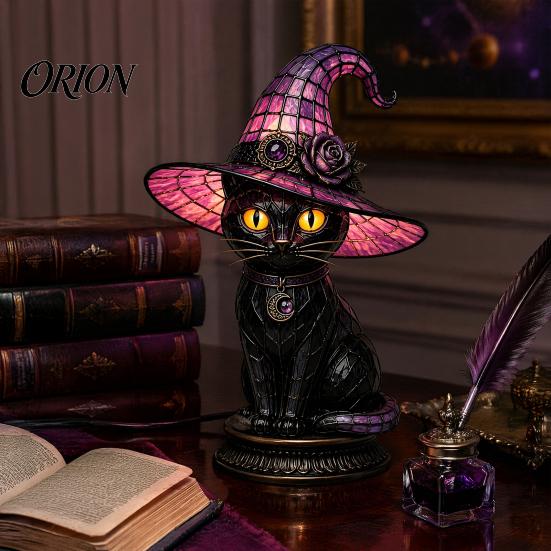 Atmosphärische Beleuchtung für Schlafzimmer Schwarze Katze Hexenhut Tischlampe, mit verträumtem lila Licht, dunkle Ästhetik Gothic Ornament Retro Halloween Ornament,