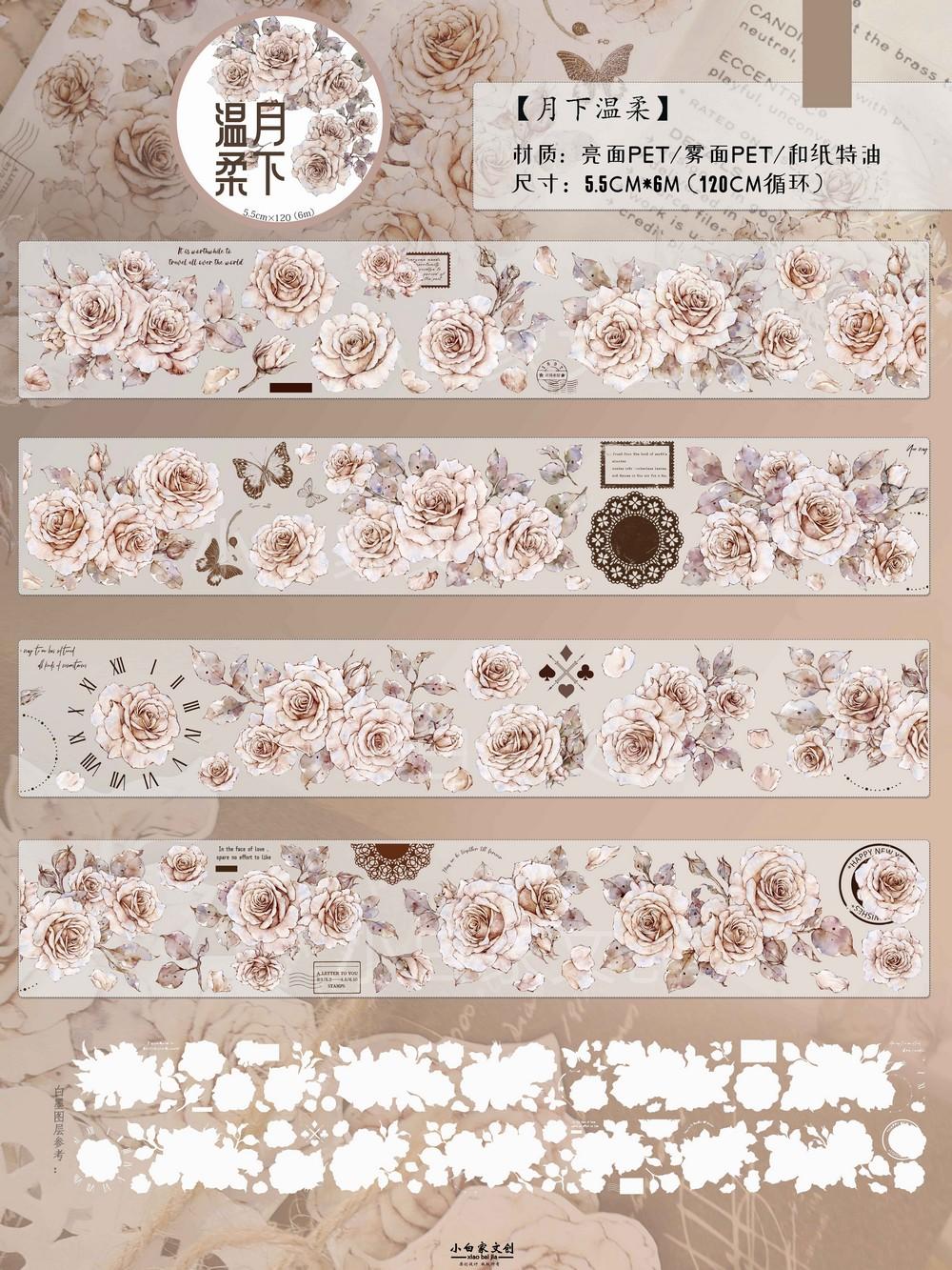 V1 -XiaoBai Winter Memories Light Retro Minimalist Characters, Flowers and Paper PET Washi Tape 6m PET roll