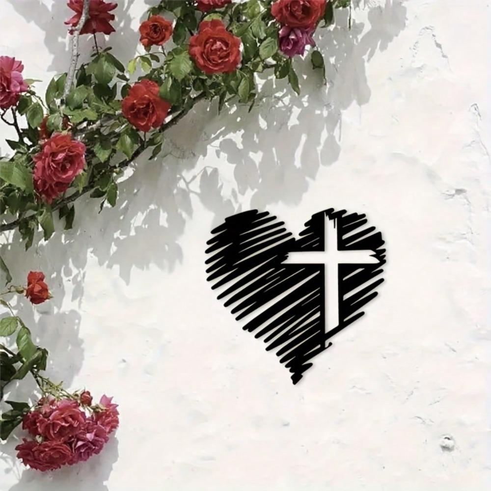 Heart Cross Black Iron Wall Art Religious Sculpture Durable Indoor Outdoor Faith Decor Gift for Home Church