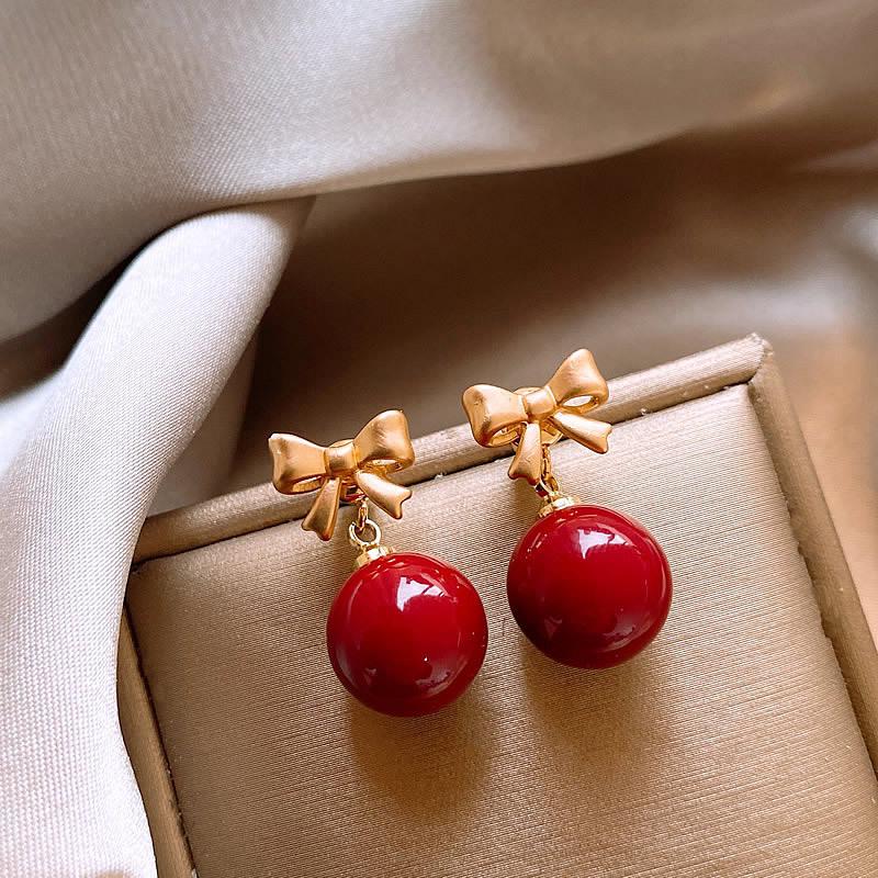 Retro Red Zirconia Pearl Flower Earrings - High-End Hong Kong Style Studs for Women