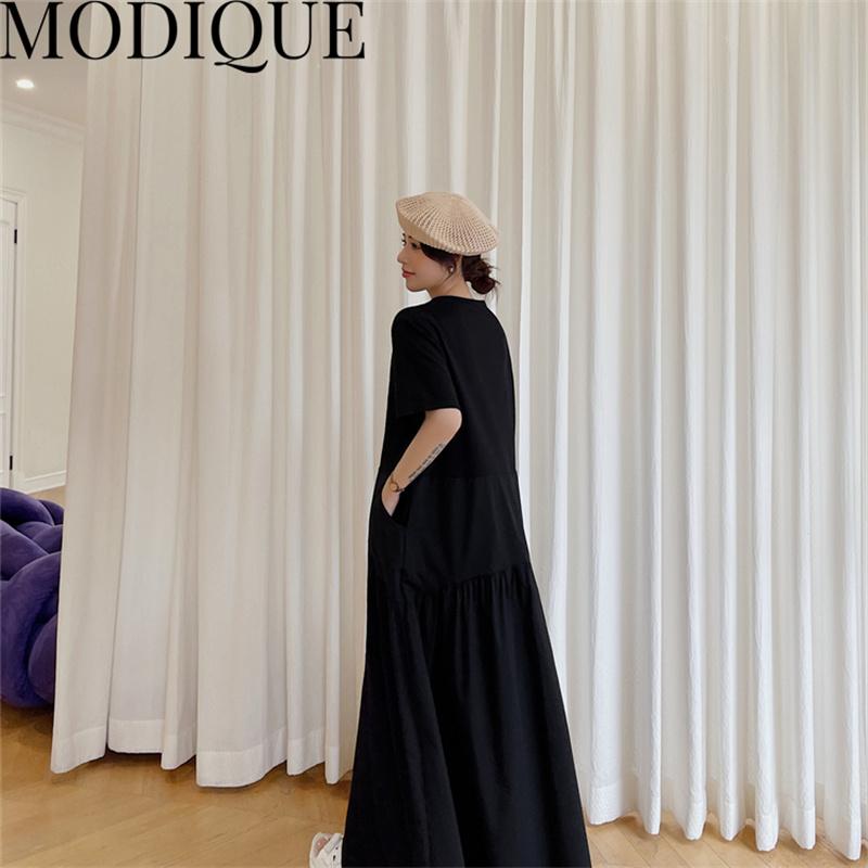 MODIQUE Summer Plus Size New Dress Shirt Women Loose Patchwork Cotton Linen Basics Folds A-Line Dress Solid Casual Female Dresses O-Neck