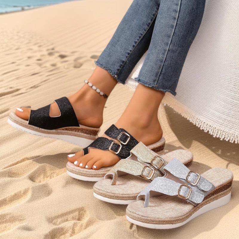 Mode Gummi Flip Flops Damenschuhe Damen Hausschuhe auf Keil Niedrige Plateau Hawaiianisch 2025 Sommer Mädchen Rom Baumwollstoff Pantoletten Huf