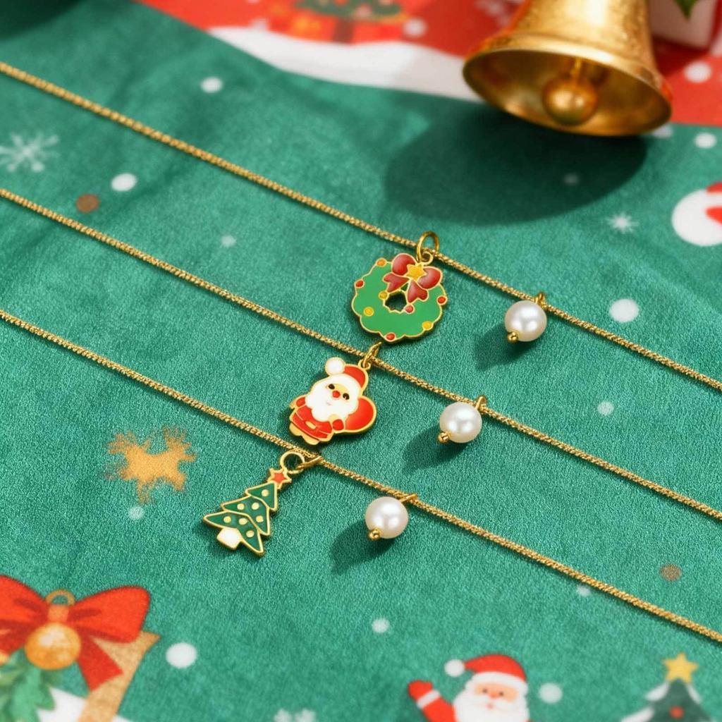 Santa Claus Wreath Pendant Round Snake Chain Necklace, Stainless Steel Plated 18K Gold Christmas Ornaments Women