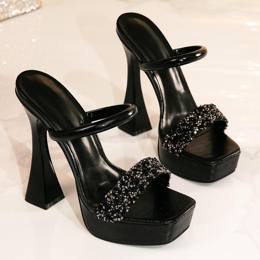 Sandalias de Plataforma de Tacón Alto con Punta Cuadrada y Pedrería Negra/Dorada para Vestidos de Noche