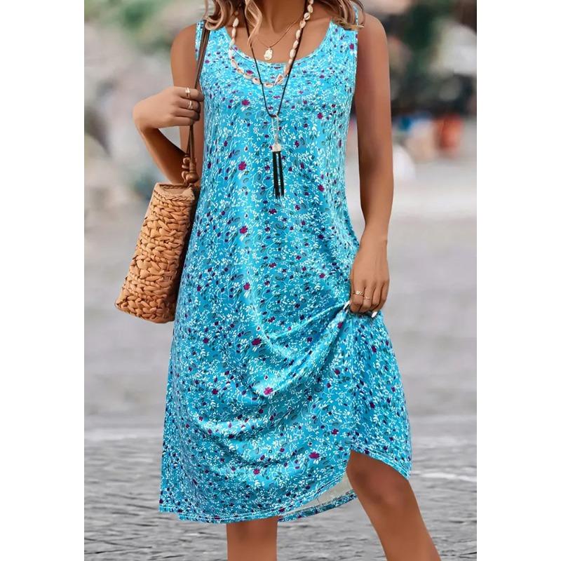 VEZFAA Dámská móda Léto Jaro Květinový potisk Bez rukávů Výstřih do O Volný pas Neformální šaty