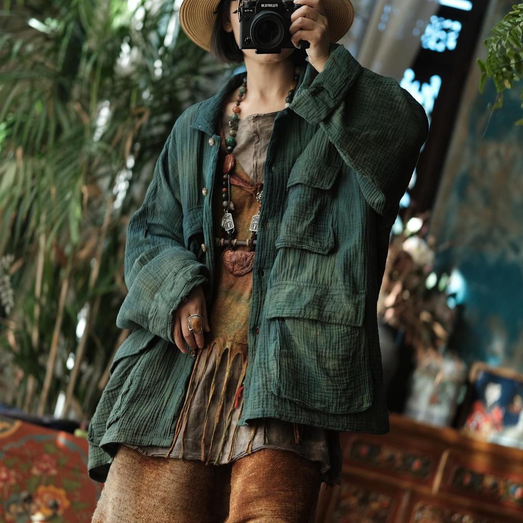 Ancient Mud Light Green Chinese Style Retro Lapel Cotton Linen Jacket