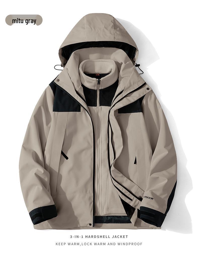 Unisex 3-in-1 Waterproof Windbreaker Jacket, Detachable Fleece-Lined Set, Thickened for Mountaineering, Couple Style