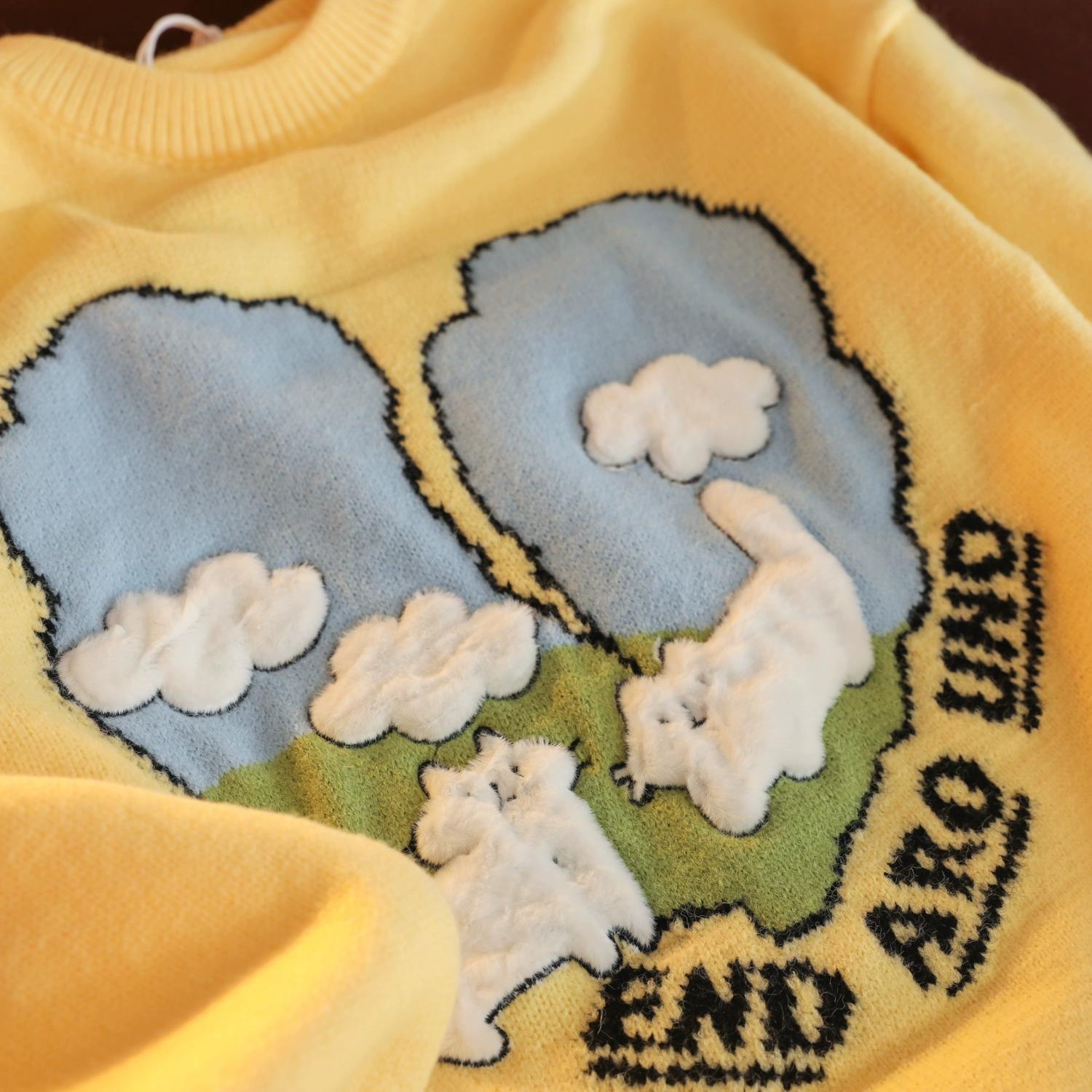 

Женский свитер с мультяшным узором, с круглым вырезом, милый пуловер, вязаные свитера, парный стиль, свободный, осенняя верхняя одежда, топ Onesize жёлтый