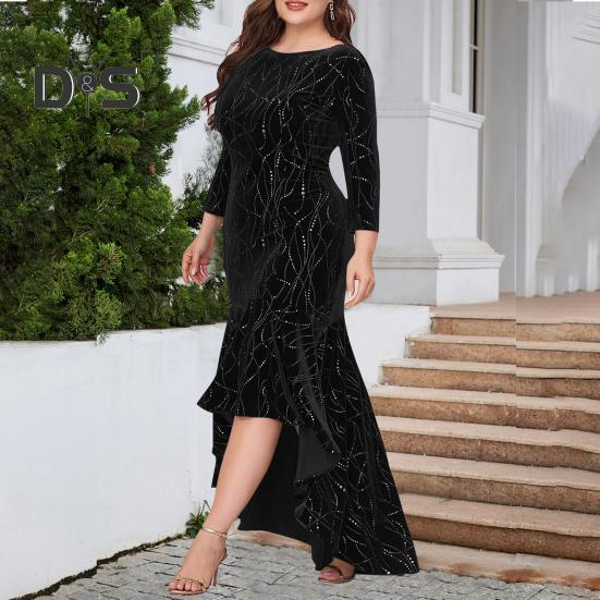 Women Evening Dress Three Quarter Sleeve Irregular Hem Round Neck Plus Size Slim Fit High Waist Swallowtail Elegant Maxi Dress Prom Party Clothes