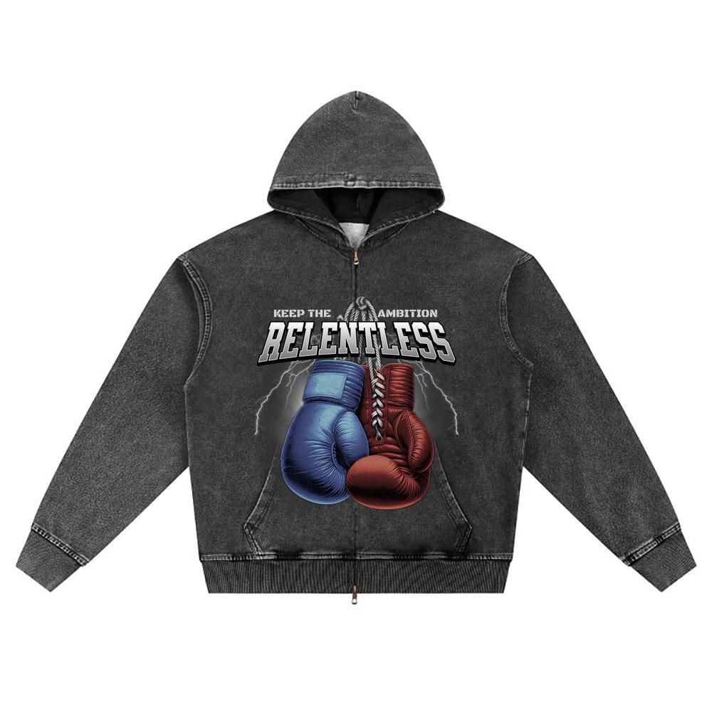 DTG print Knitted Denim Zip-Up Hoodie Relentless Brother Print Zipper Hoodies