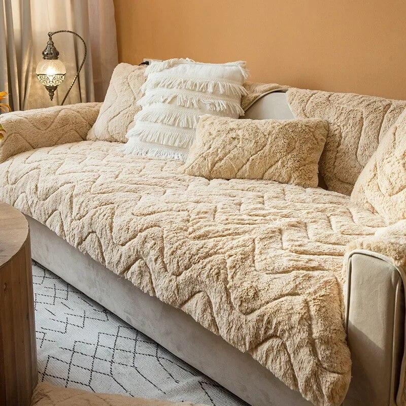 Weicher Plüsch-Sofa-Kissenbezug, Beige/Grau, Couch-Bezug, Kissenbezug, einfarbig, rutschfest, dickes Kissen, europäischer Stil