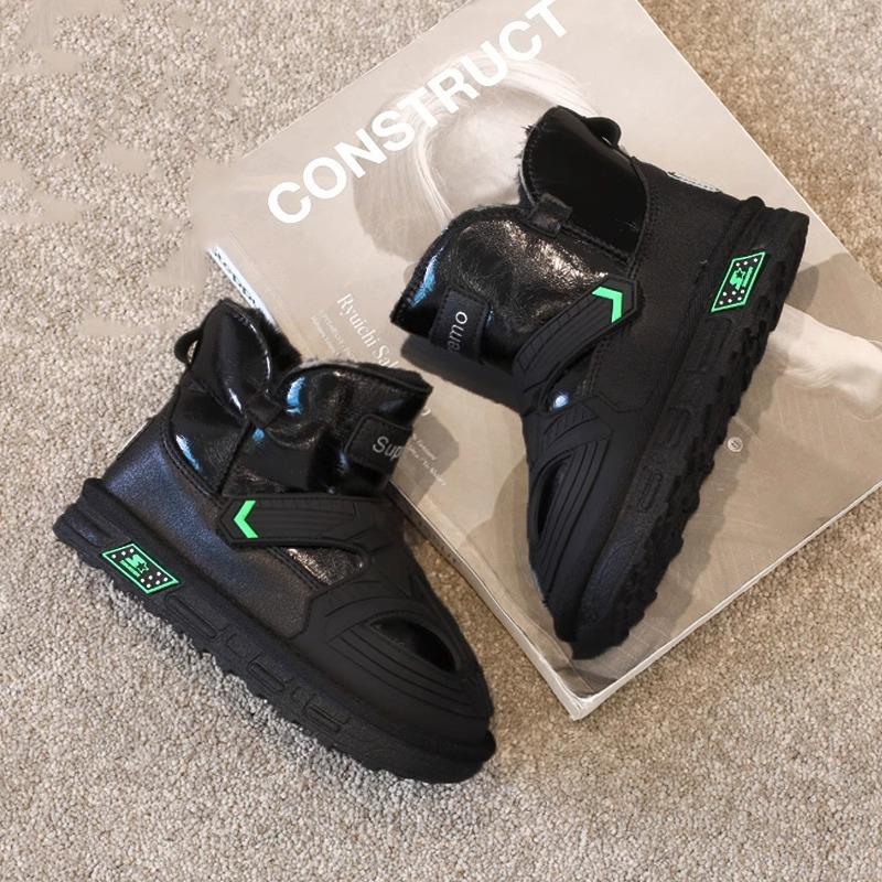 Boys snow boots winter 2025 new fur integrated children's cotton shoes piled thickened cotton boots waterproof winter shoes