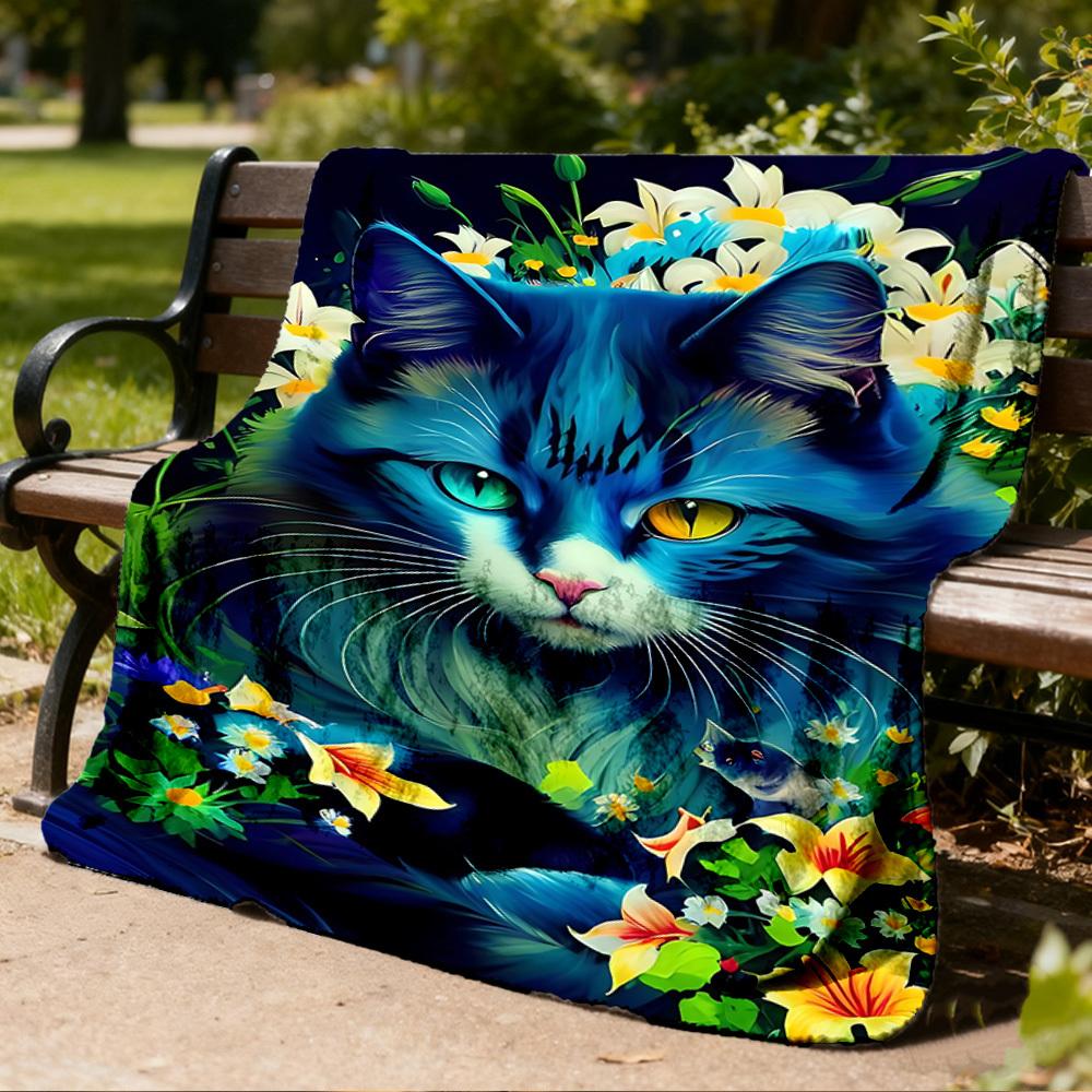1pc Blue Cat Flowers Print Outdoor Blanket, Lightweight Polyester,