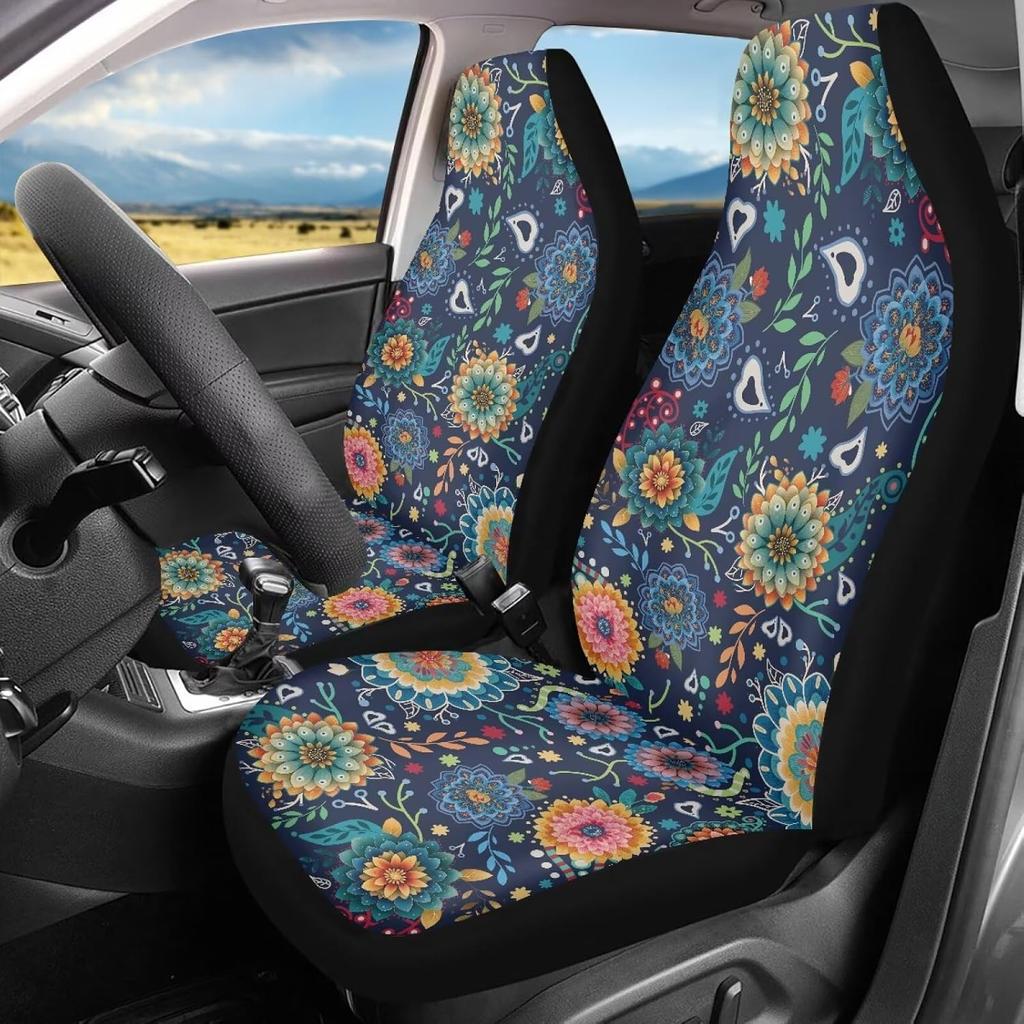 Bulopur Black Boho Floral Car Seat Covers Front Seats Only for Women Men Seat Covers w/Organizer Pocket for Cars SUV Truck Sedan
