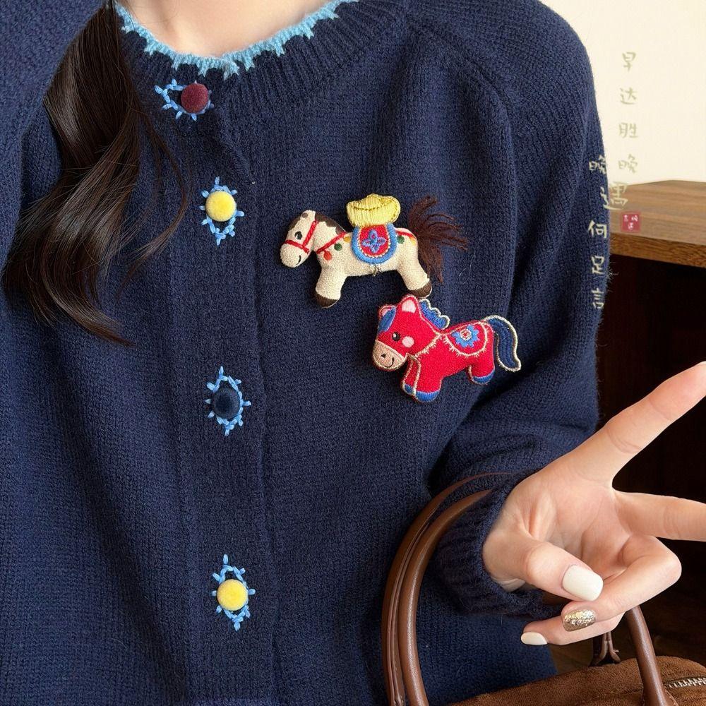 Cute Embroidery Horse Brooch Flower Cloth Fabric Pony Brooch Kawaii Cartoon Sweater Pin  Girl