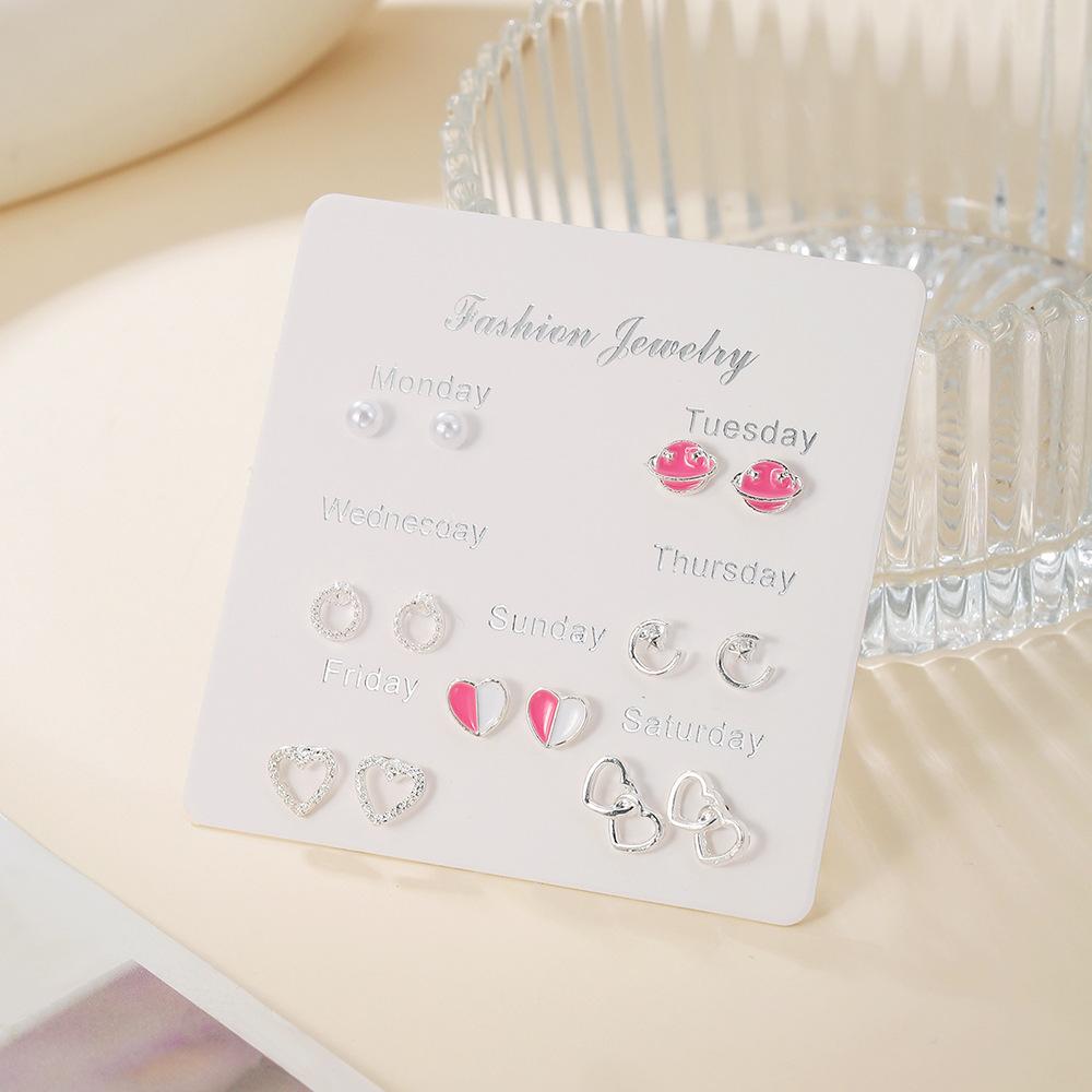 YANG&RH Fashion OL Pearl Heart-shaped Stud Earring Set E0111-1 Oil-Drip Metal Earrings Studs Niche and High-End