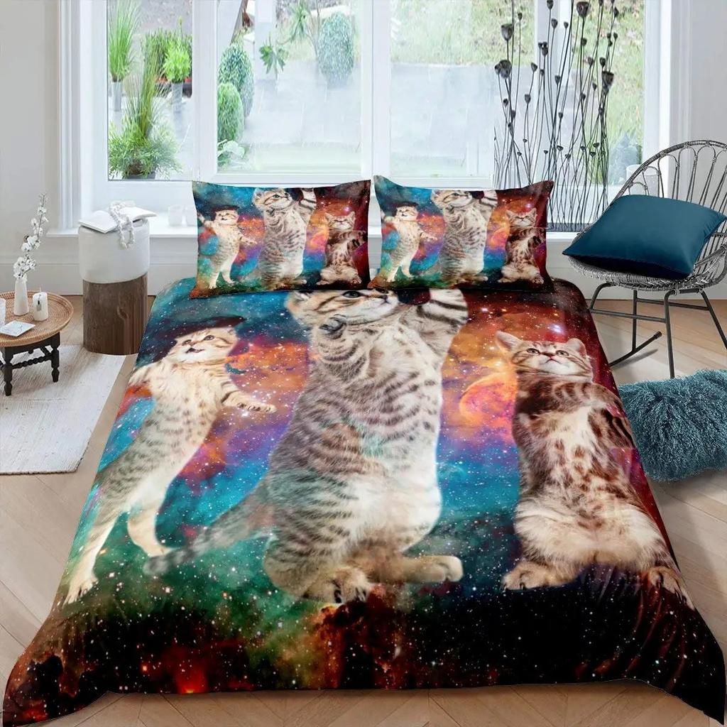 Galaxy Cat Duvet Cover Set Microfiber Universe Galaxy Bedding Set Cute Kitten Comforter Cover Outer Space Planets Quilt Cover