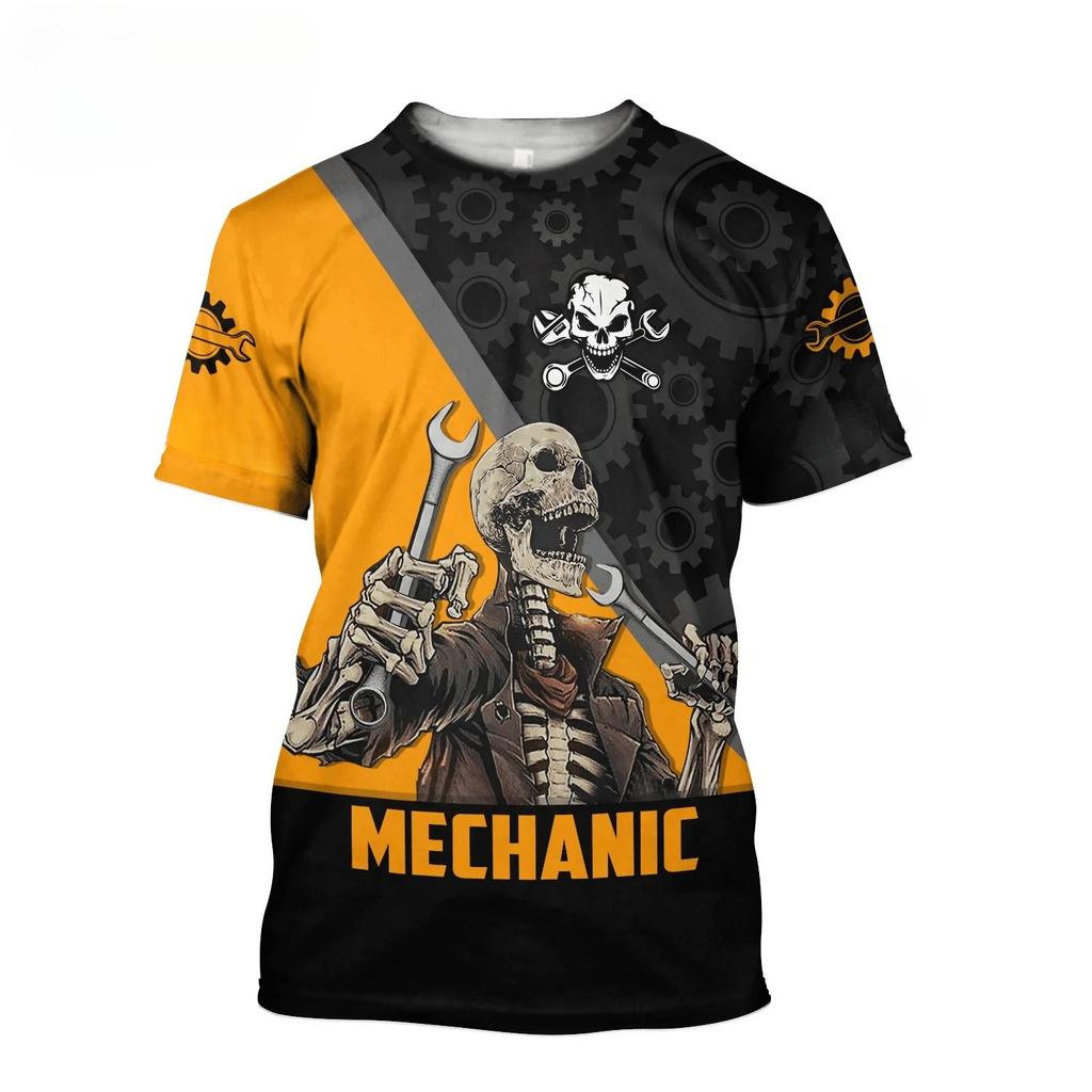 Letnie T-shirty męskie z okrągłym dekoltem, z nadrukiem 3D wzoru mechanicznej czaszki, modne, codzienne, z krótkim rękawem