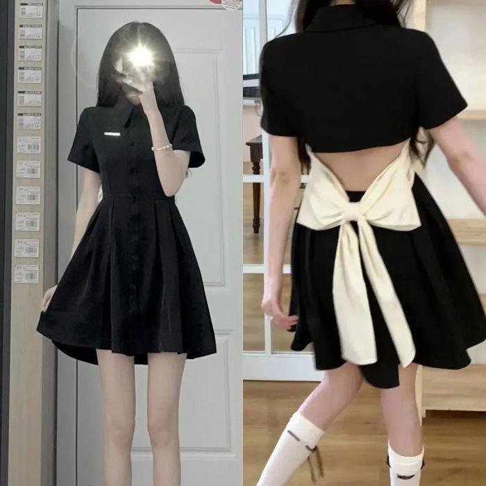 Black dress women's summer 2026 new Spice Girl bow polo collar small black dress waist thin shirt skirt