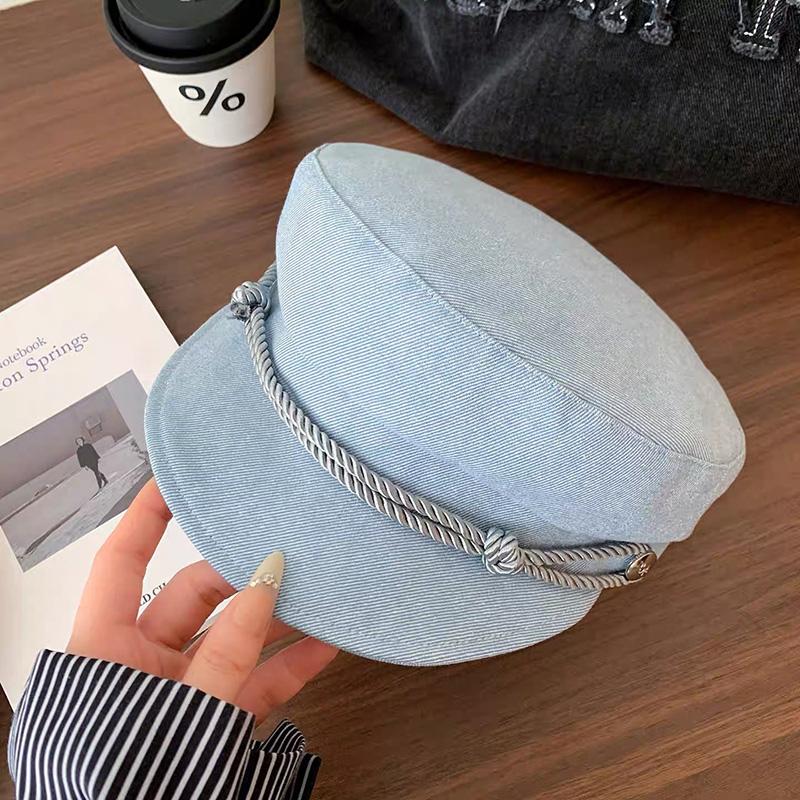 Retro British Style Denim Woven Octagonal Hat For Spring Autumn Korean Ins Artistic Temperament Flat Top Painter Hat Newsboy Hat