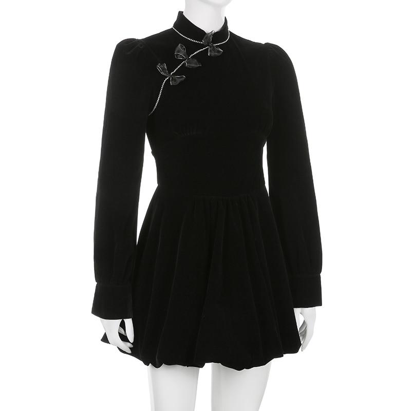 Cheongsam Darlingaga Vintage Elegante Gothic Dark Bow Velour Schwarzes Kleid Herbst Winter Chinesischer Stil Plissee Kleider Party Diamanten Kleidung
