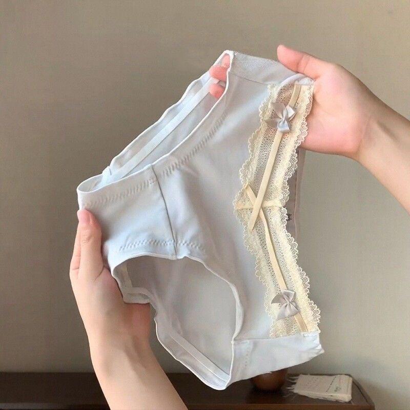 Ladies Summer Pure To Sweet Lace Edge Bow Pure Cotton Soft and Comfortable Low Waist Briefs