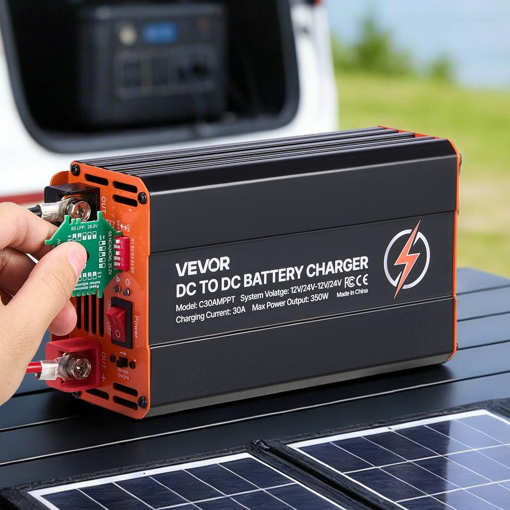 VEVOR Carregador DC para DC com MPPT, 350W, 30A Carregador de Bateria Integrado, Entrada Dupla Painel Solar/Alternador