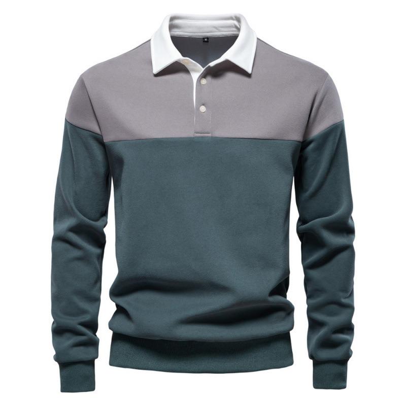Men's Collared Pullover Sweatshirt, Loose Fit Color Block Long Sleeve Sweatshirt, Ribbed Cuffs Casual Spring Fall Top