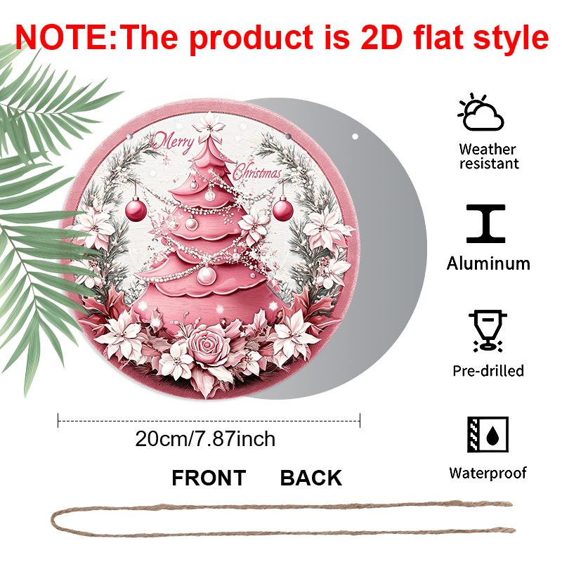 2D Flat, 1pc Merry Christmas Pink Tree Aluminum Sign - Soft Pink Christmas Tree with Golden Accents, Merry Christmas Farmhouse Front Door Wreath