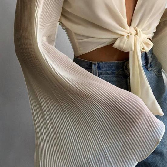 Blouse Lange Wijde Mouw Ademend Vrouwen Diepe V-hals Effen Kleur Tops voor Dagelijks Gebruik