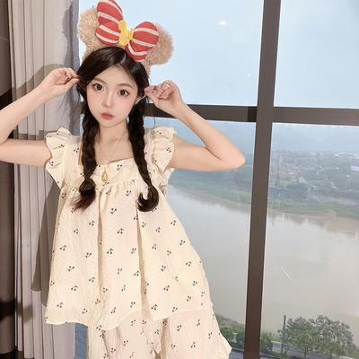 Pyjama im koreanischen Stil für Damen, Pyjama-Set aus Baumwollgaze mit Kirschdruck, kurzärmeliges Oberteil + Shorts, gerüschte Hauskleidung, hautfreundlich