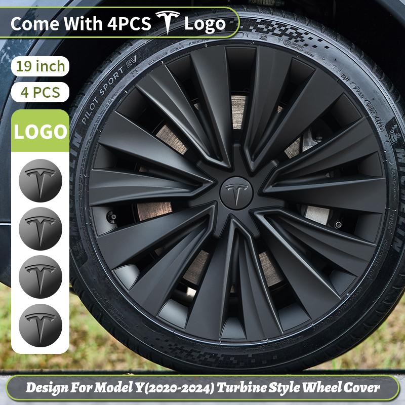 AMV1 4PCS for Model Y 2020-2024 4PCS 19 Inch New Turbine Style Matte Black Hubcap Cover Hub Cap Replacement Wheel Cap for Tesla