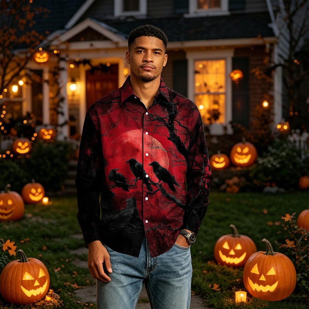 Men's Long Sleeve Button Down Shirt Halloween Print Casual Fit Shirt for Party