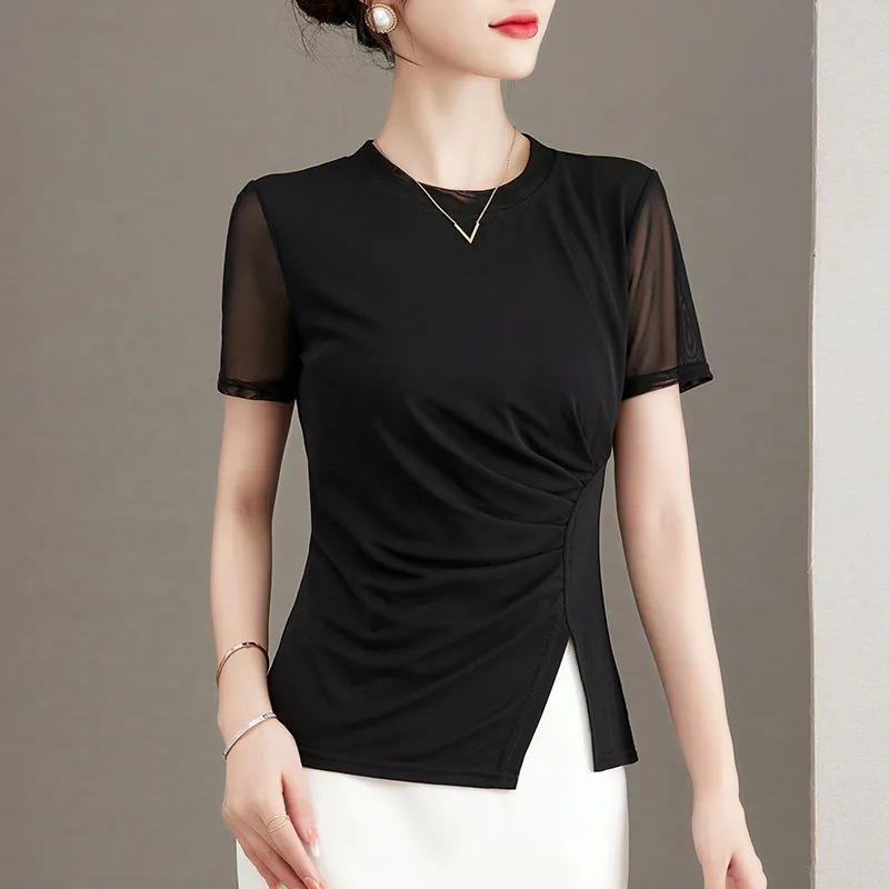 Women's Elegant Black Short Sleeve Top Mesh Patchwork Ruched Side Split Slim Fit Casual Blouse