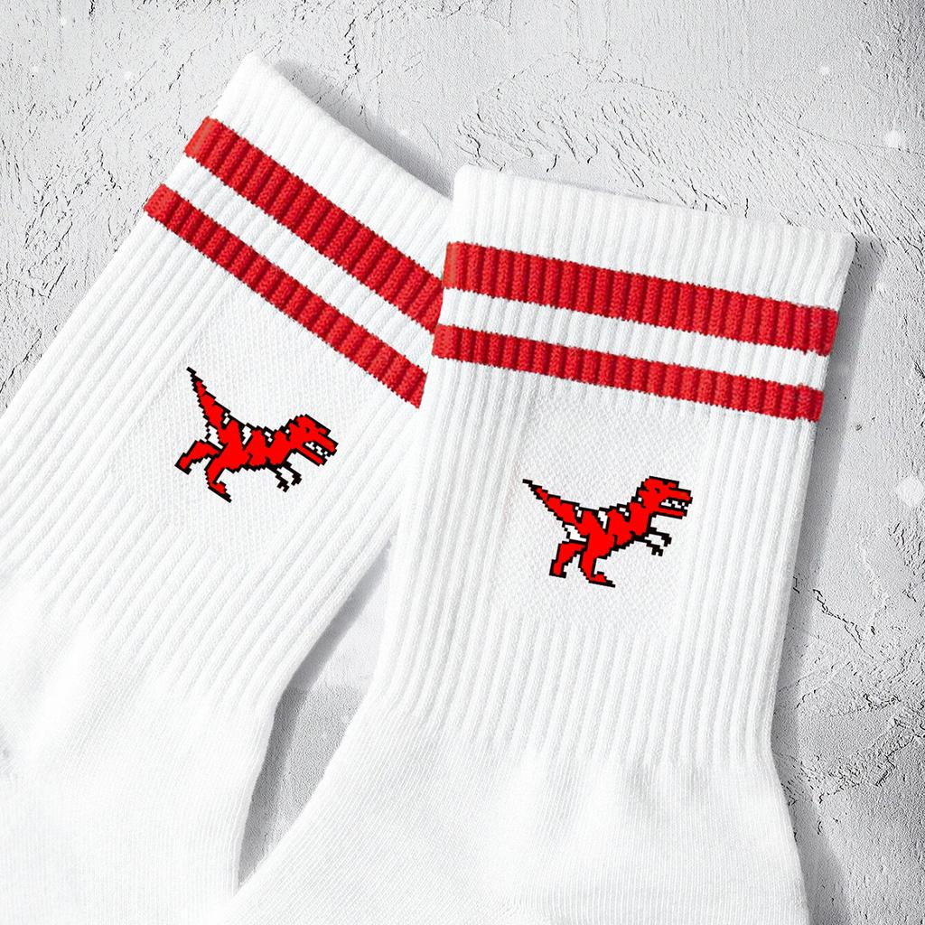 Multiple Pairs of Men's Crew Socks with Dinosaur Patterns, White, Unique, Comfortable, Breathable, Moisture-Wicking