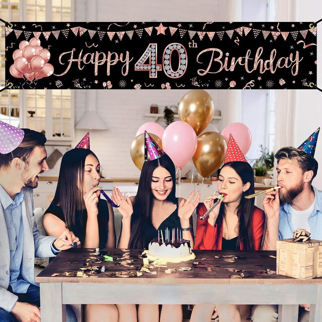40th Birthday Banner Decorations for Women, Rose Gold Happy 40 Year Old Birthday Sign Party Supplies, Forty Bday Party Decor Photo Booth Props for