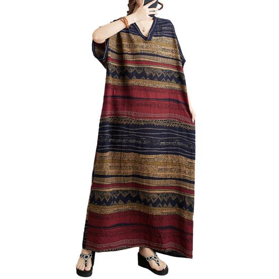 Plus Size Cotton Linen Maxi Dress for Women Loose V-Neck Short Sleeve