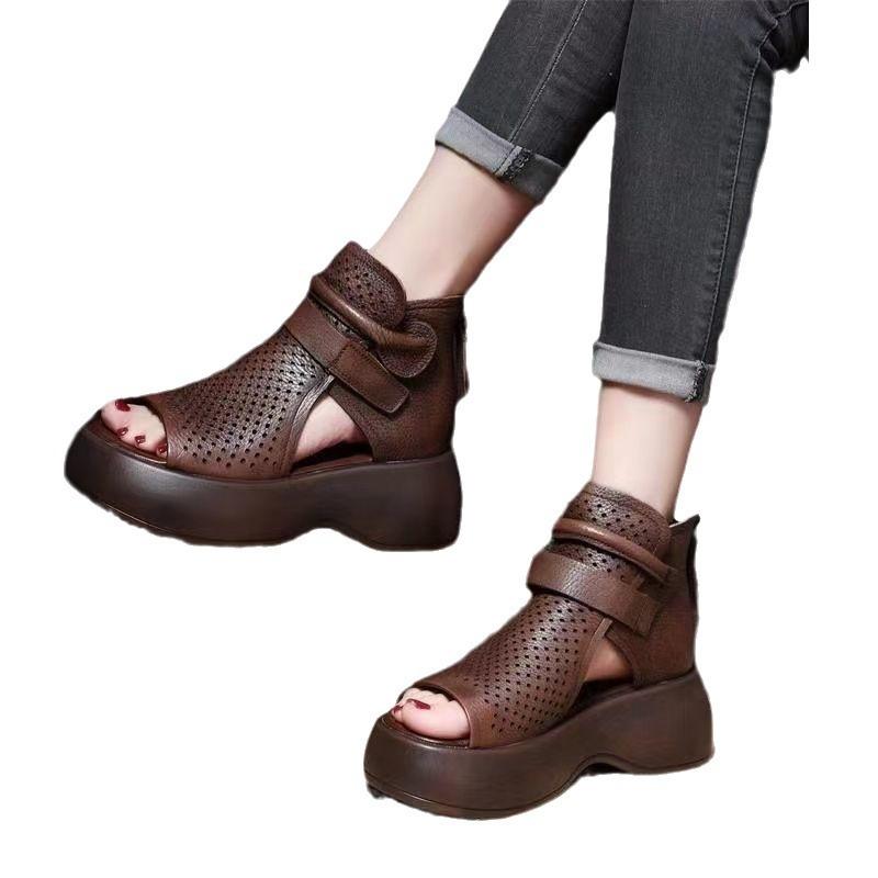 2025 Summer Hollow Short Boots Thick-soled High-heeled Heightened Lightweight Roman Cool Boots Outer Wear Fish Mouth Muffin Sandals Women's Models
