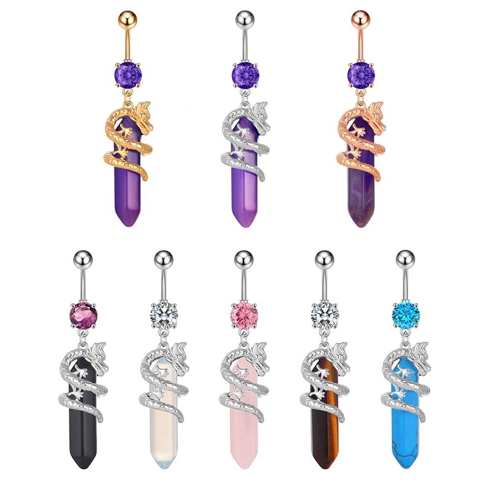 Dragon Dangled Belly Button Ring with Opal Turquoise Stone 14G Stainless Steel Hanging Belly Piercing for Women Girls