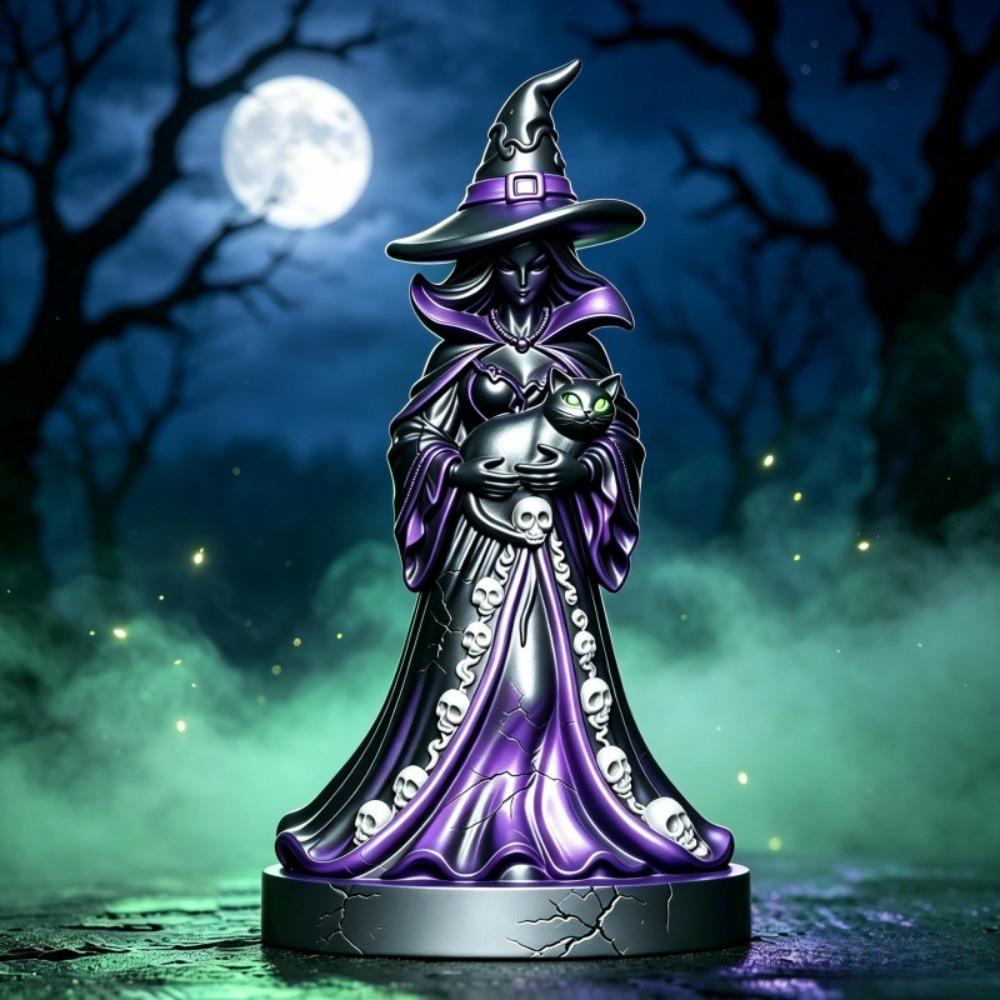 Witch Figurine Statue for Halloween - Resin Home Decor Desktop Ornament, Spooky Gothic Table Decorations for Festival