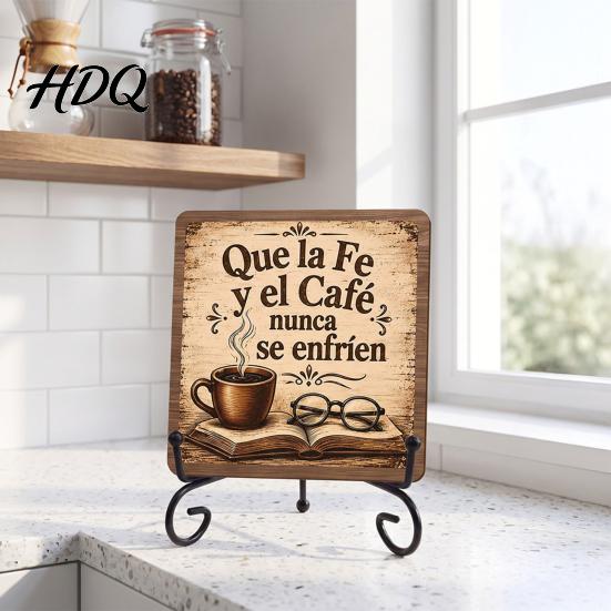 Rustic Coffee Sign for Bar 5" x Sign Wooden Spanish Decor with Decorative Station Signage Metal Display Rack Vintage Tabletop Decorations,