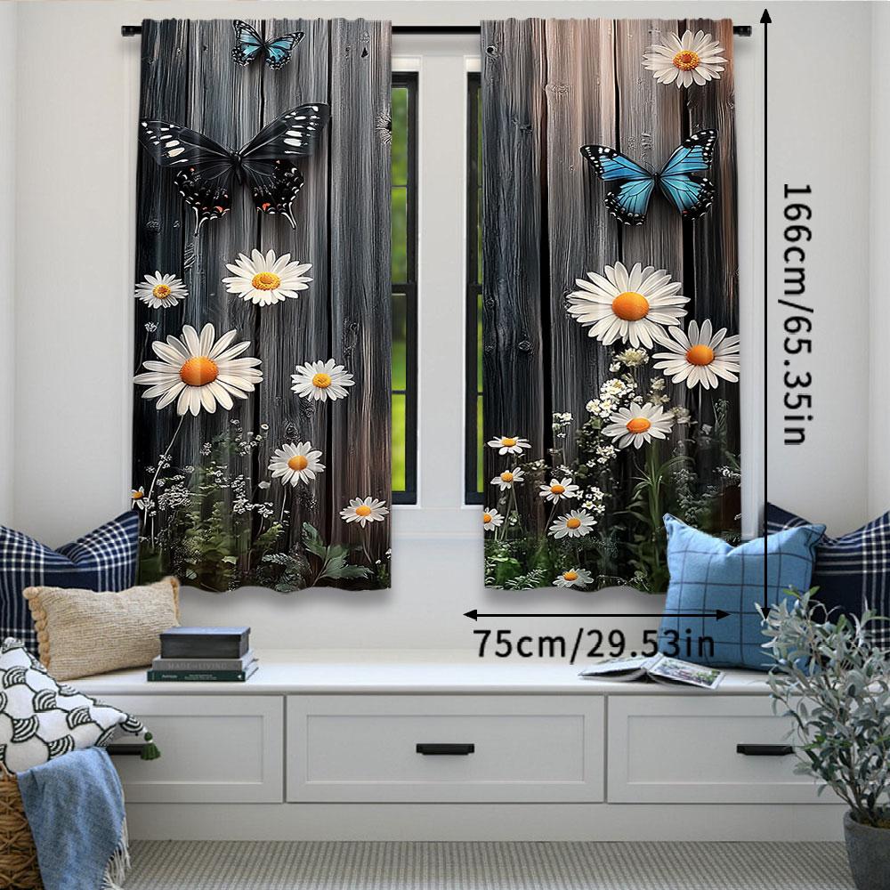 Set Of 2 Modern Floral Butterfly Wooden Board Pattern Curtains Suitable Bedroom Bathroom Living Room Dining Study Curtain For Sitting Made Polyester