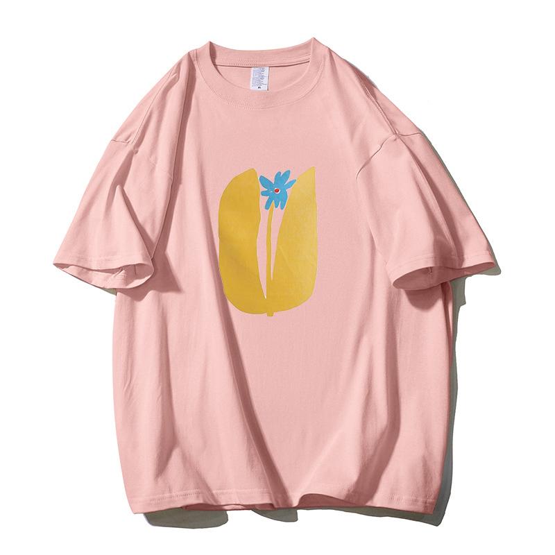 Shellsuning Summer Aesthetic Floral T Shirts Women Loose Short Sleeve Cotton Printed Tees Female Casual O Neck Vintage Base Tops