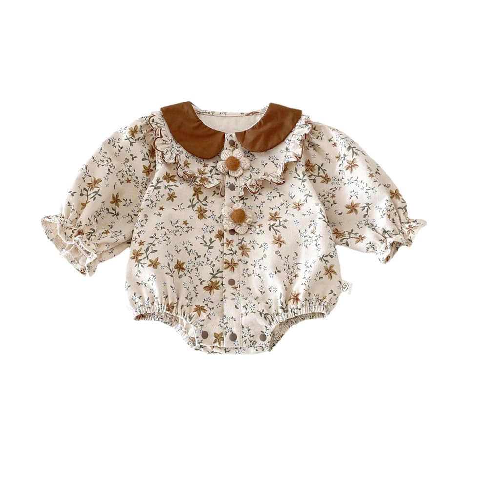 Baby Clothes Bodysuit Long Sleeve Girls Coverall Lace Newborn Baby Preparing for Birth Gift Monthly Photo Collar Floral Pattern Brown 6M [Baby koi]
