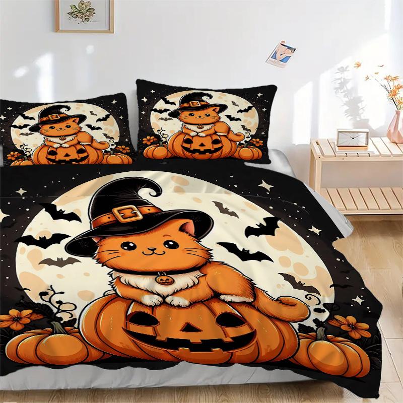 3pcs Moon Orange Cat Pumpkin Halloween Print Cover Set Ultra Soft, Breathable, and Comfortable Bedding with Stylish Design for Bedroom and Guest