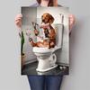 Goldendoodle Monkey Highland Cow On The Toilet Reading Newspaper Poster Animal Print Canvas Painting Funny Bathroom Wall Decor