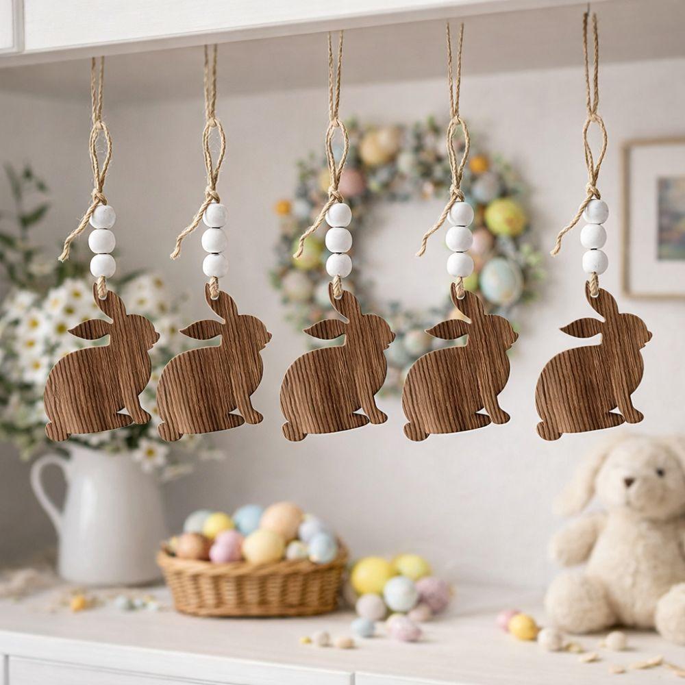 5 Pieces Handmade Easter Rabbit Tree Ornament DIY Crafts Artificial Wooden Bunny Pendant Wood Slices Easter Decoration Kids Gift